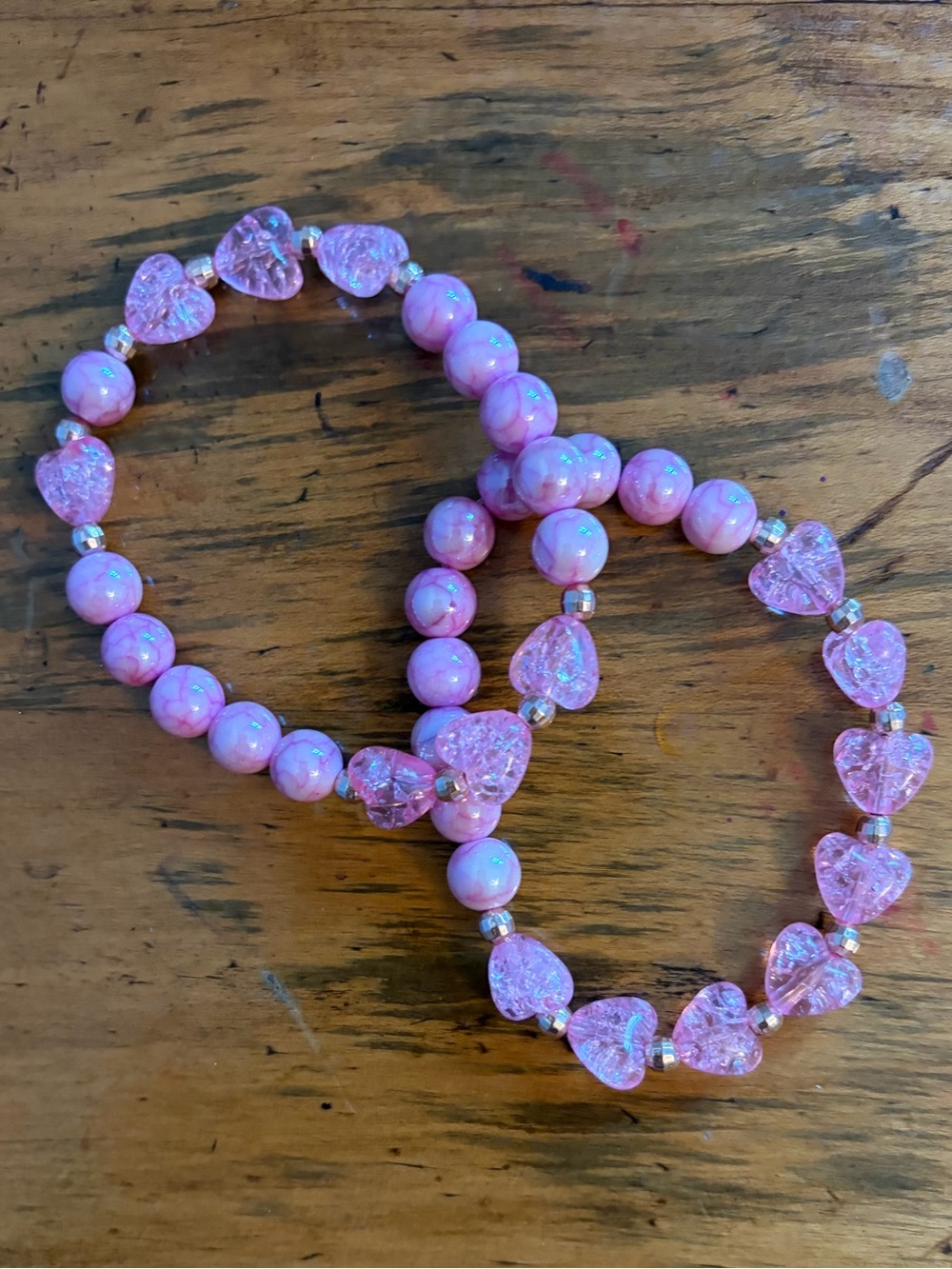 {Handmade} Pink Heart Bead Stretch Bracelet Set